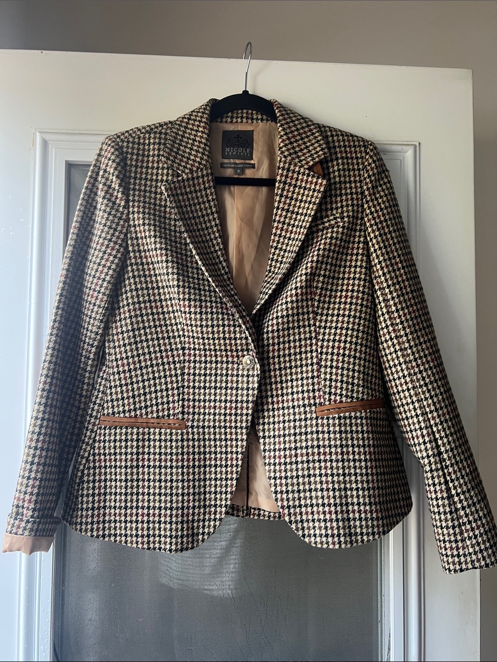 Nicole Benisti tan houndstooth check tailored fitted preppy wool blend blazer 8
